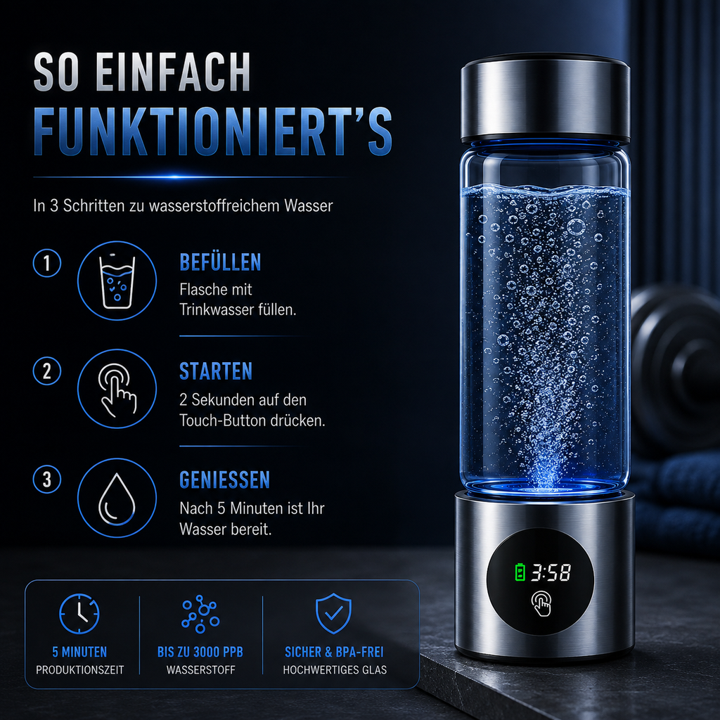 VitaFlow® Hydrogen Wasserflasche – Wasserstoff-Wasser Generator mit SPE+PEM Technologie