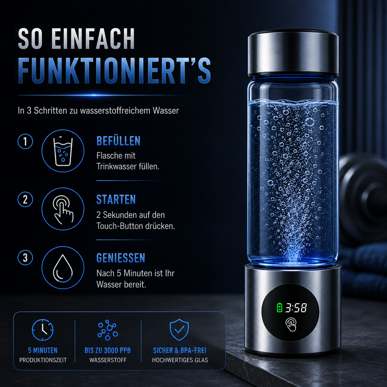 VitaFlow® Hydrogen Wasserflasche – Wasserstoff-Wasser Generator mit SPE+PEM Technologie