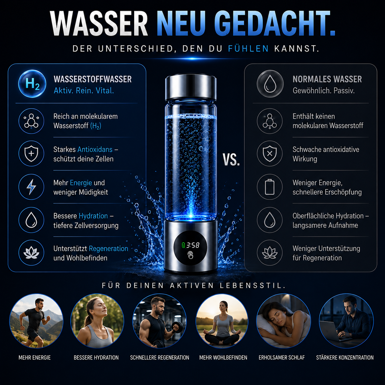 VitaFlow® Hydrogen Wasserflasche – Wasserstoff-Wasser Generator mit SPE+PEM Technologie