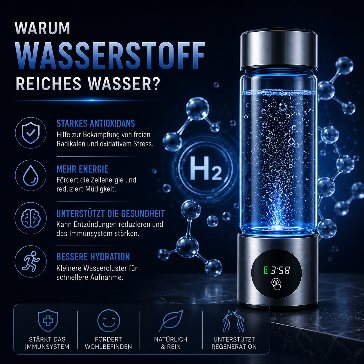 VitaFlow® Hydrogen Wasserflasche – Wasserstoff-Wasser Generator mit SPE+PEM Technologie